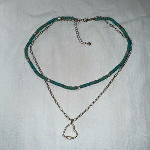 Turquoise Beaded Antique Gold Heart Charm Layered Necklace